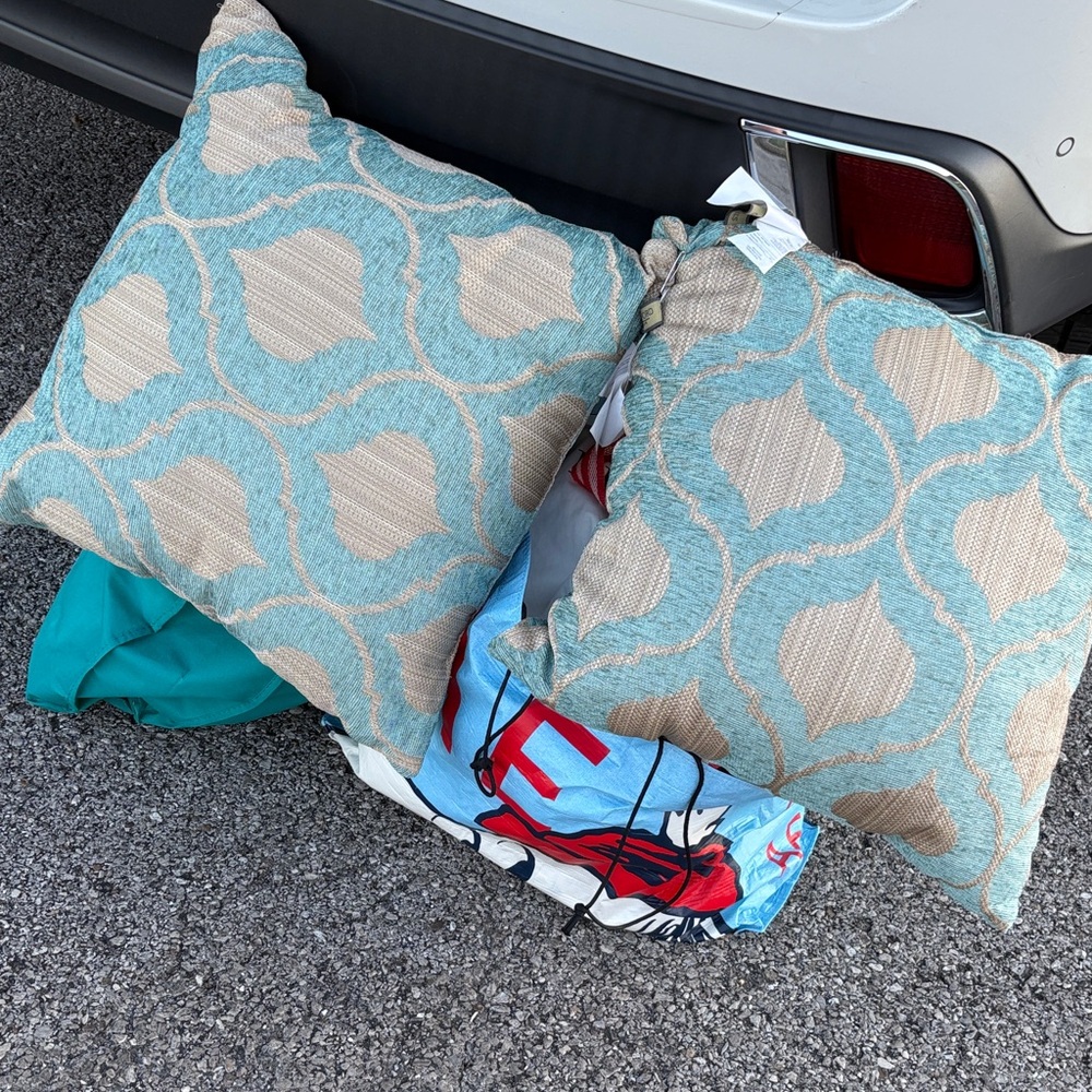 Set of Two Teal and Beige Patterned Throw Pillows